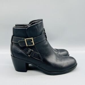 B.o.c Boots Womens 7.5 Black Leather Ankle Buckle Zip Block Heel Booties Shoes